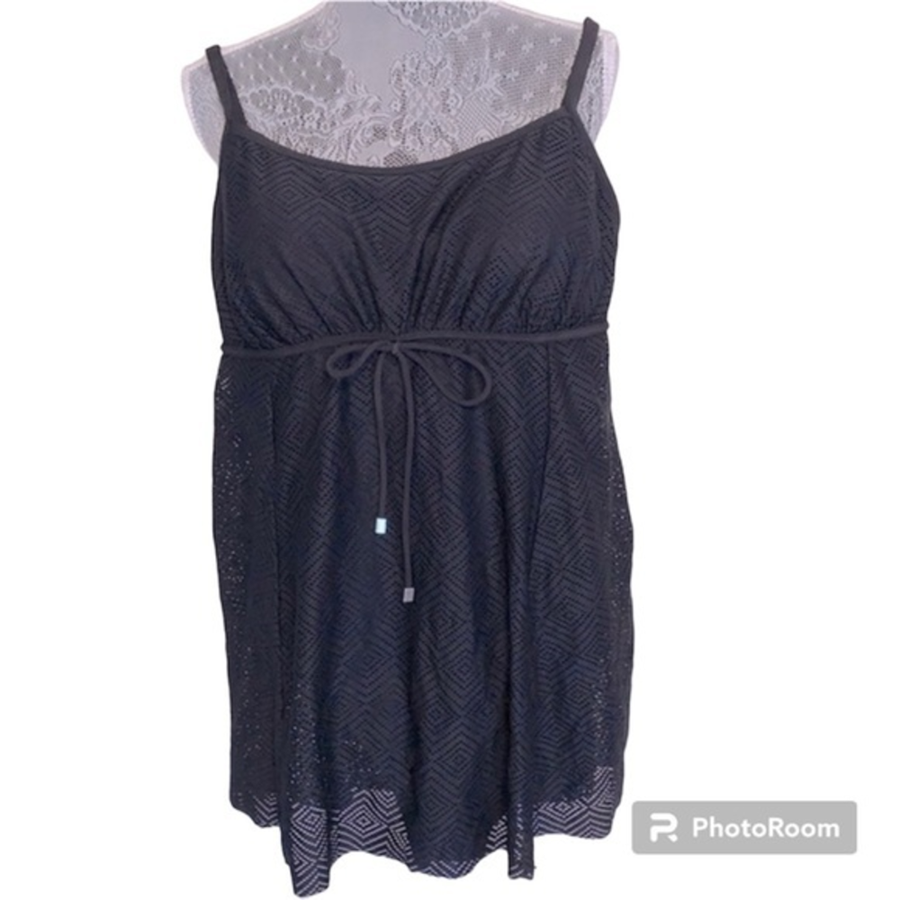 Macy’s lace/mesh overlay and tie-front tummy control‎ black swim dress. Size 18W